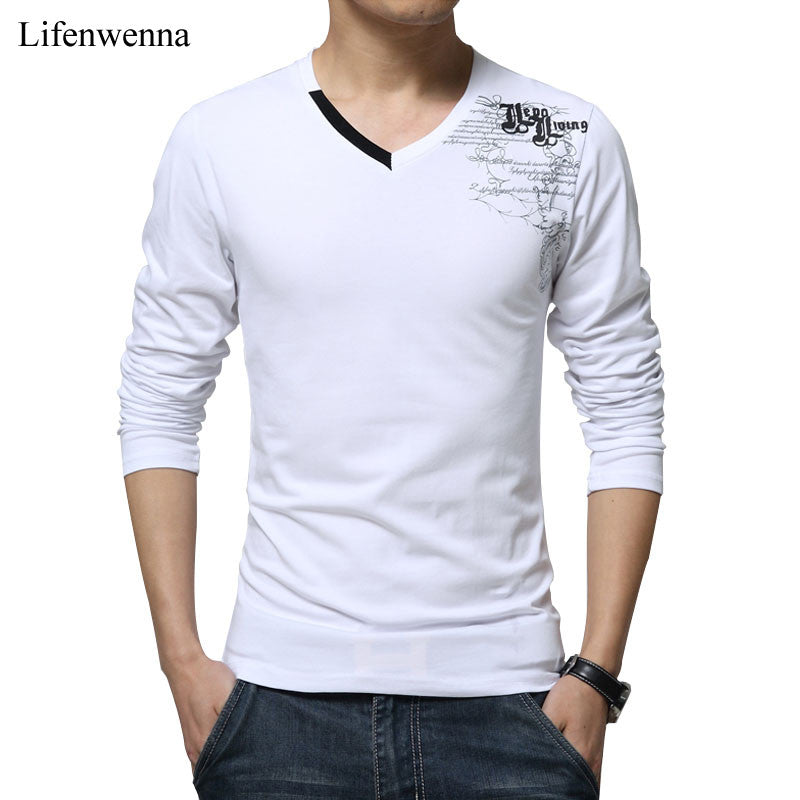 t shirt men long sleeve new fashion print spring men's brand clothing casual slim v-neck cotton t shirt homme tees m-5xl