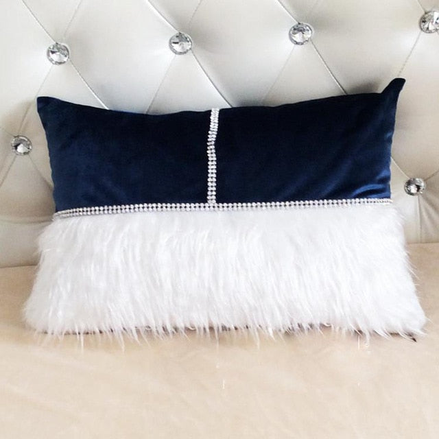 new beauty luxury diamond belt patchwork plush & velvet cushion cover navy 30x45cm