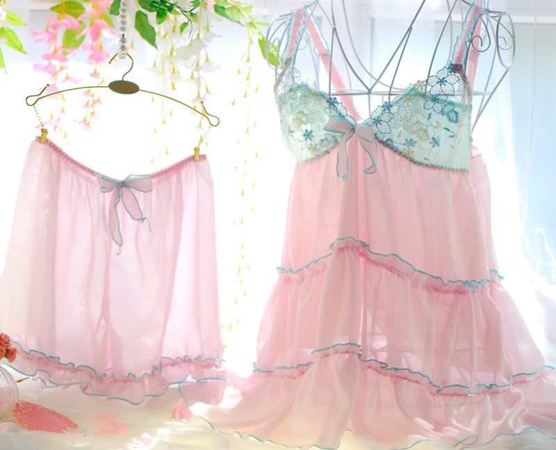 high quality sexy cute lolita ruffle hem princess chiffon floral bra babydoll chiffon sexy lingerie sleepwear