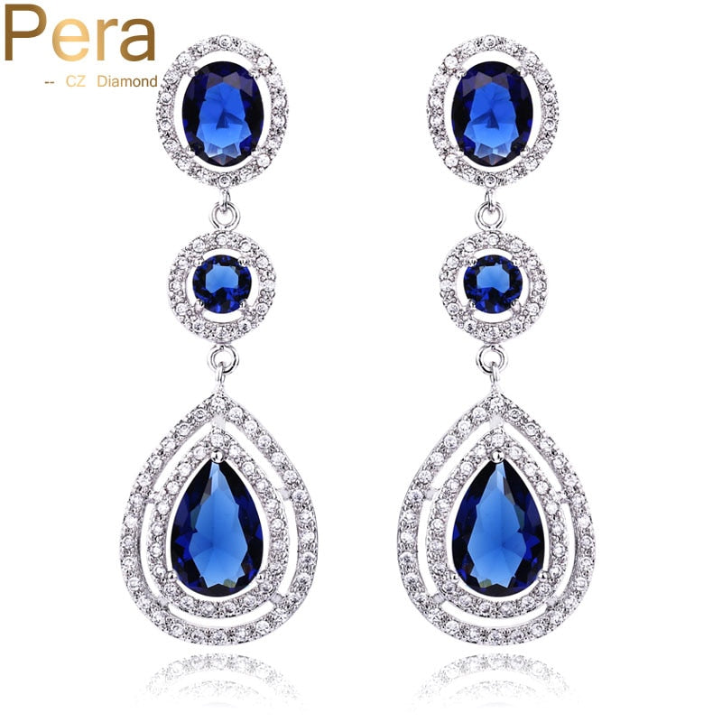 cz luxury royal bridal jewelry long halo tear drop dark blue big cubic zirconia stone wedding earrings for women