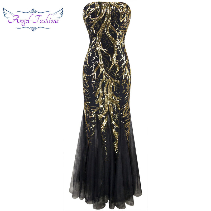 angel-fashions strapless golden branch sequined mermaid full length evening dress