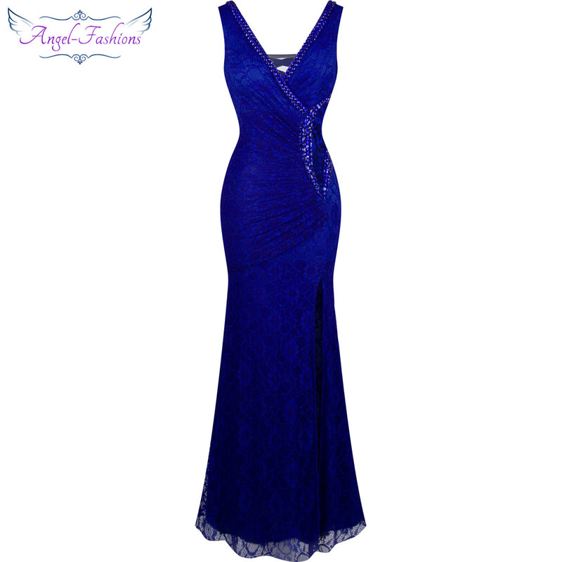 angel-fashions formal party v neck beading see through lace evening dress robe de soiree 232