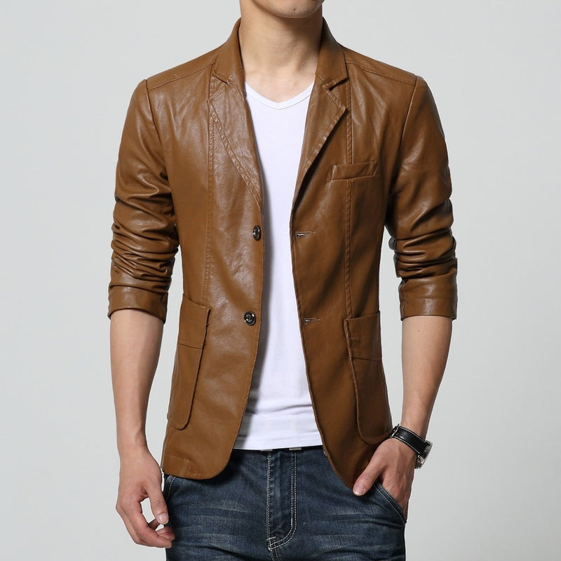 autumn winter slim mens motorcycle leather blazer jacket coat black brown yellow pu leather blazer