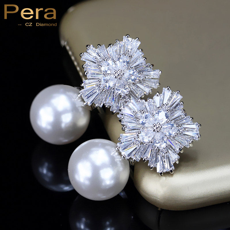 noble design cz brand jewelry big freshwater simulated pearl long drop bridal wedding party earrings for brides