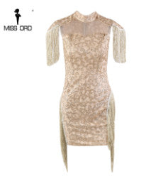 sexy high neck sleeveless geometric glitter mesh tassel elegant dress