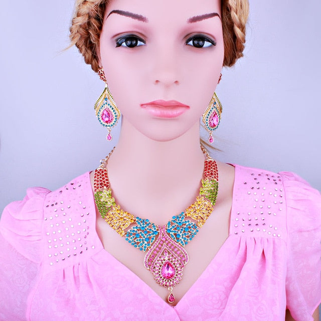 bridal jewelry silver plated necklace and earrings set with full ab rhinestones crystal multi