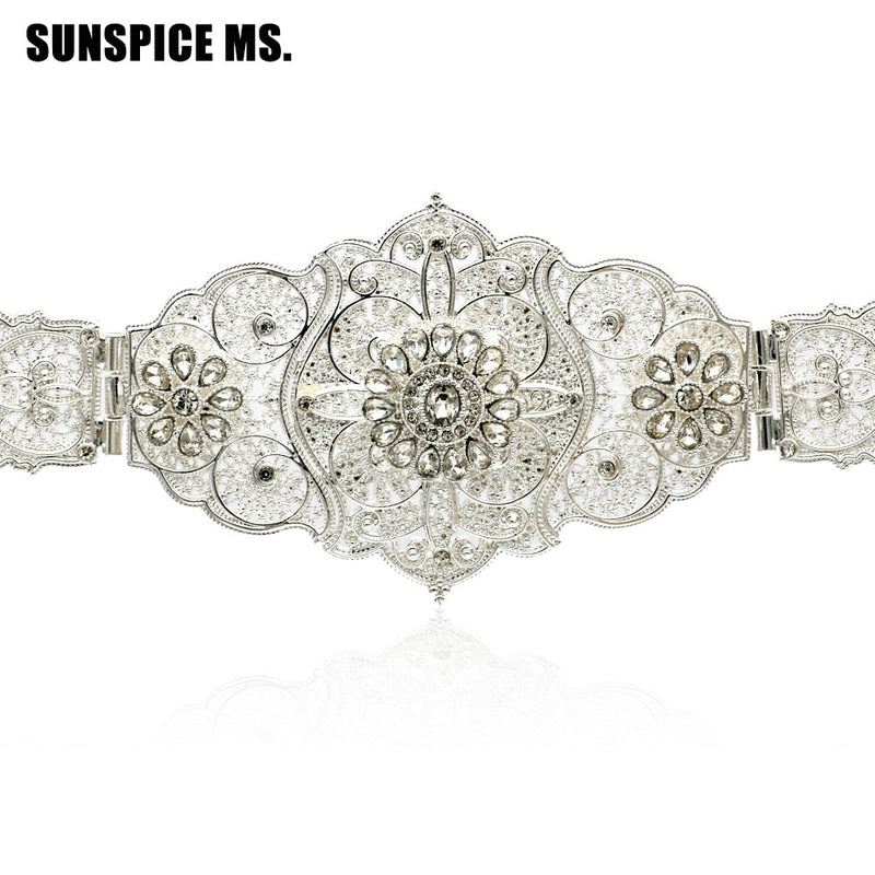 new vintage european women hollow flower waist chain crystal metal belt