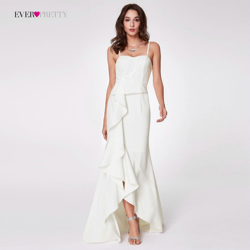 ever pretty women's fashion simple backless spaghetti strap long white party evening dresses with ruffles