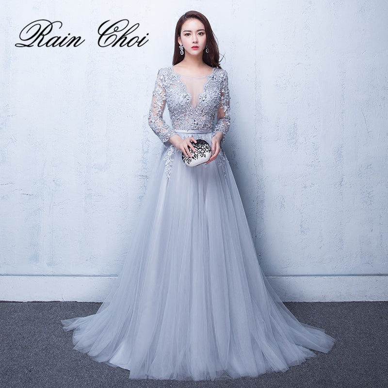 evening dresses 3/4 sleeves appliques silver formal gown long evening party dress vestido de festa