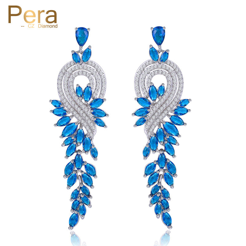 luxury royal right and left asymmetric design women party jewelry big marquise long drop cubic zirconia blue earrings