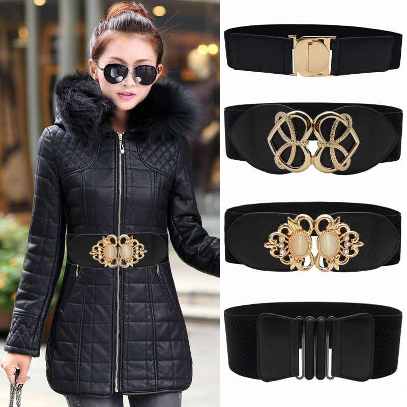 new black waistband lady gold big opal buckle wide cummerbunds wedding dress elastic stretch waist belt