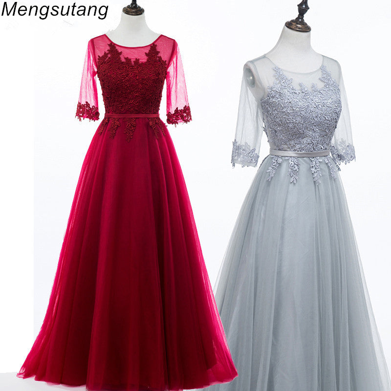 scoop neck half sleeve transparent lace embroidery a-line long evening dress