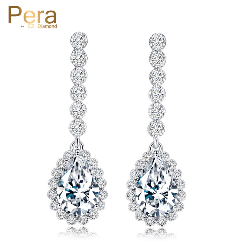 sterling silver 925 pin big pear cut cubic zirconia luxury bridal wedding long drop earrings for brides gift