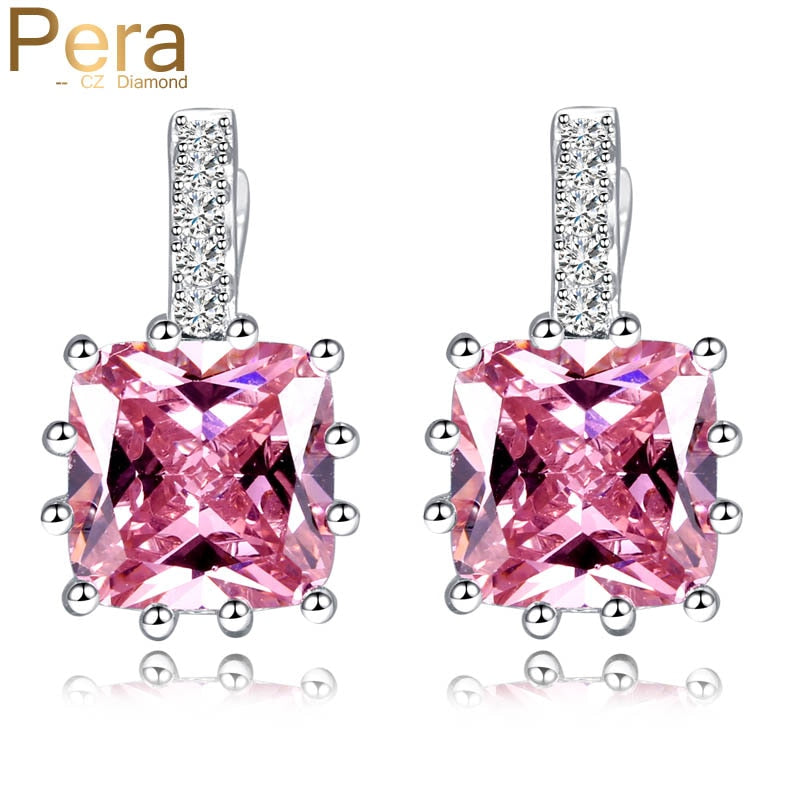 trendy women crystal jewelry white gold color pink cubic zirconia stone big square shape stud earring