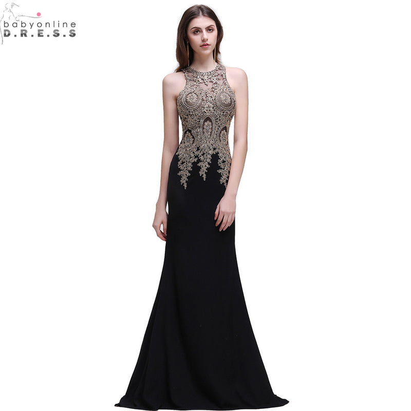robe de soiree longue cheap black lace mermaid long evening dress sexy sheer appliques embroidery evening party dresses