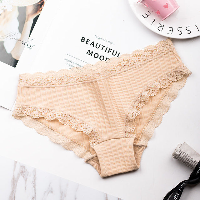 famous brand women's cotton panties female lace edge breathable briefs sexy underwear women cotton crotch lingerie intimates apricot / one size