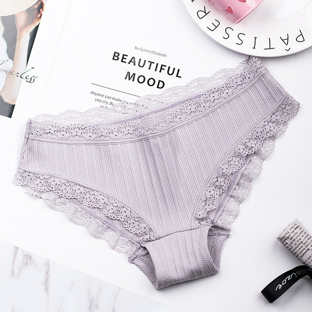 famous brand women's cotton panties female lace edge breathable briefs sexy underwear women cotton crotch lingerie intimates gray / one size