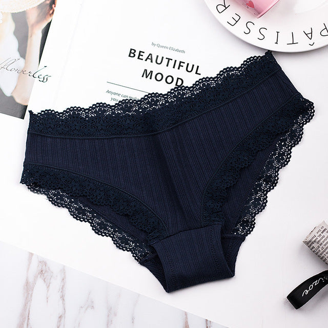 famous brand women's cotton panties female lace edge breathable briefs sexy underwear women cotton crotch lingerie intimates navy blue / one size
