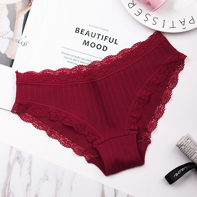 famous brand women's cotton panties female lace edge breathable briefs sexy underwear women cotton crotch lingerie intimates burgundy / one size