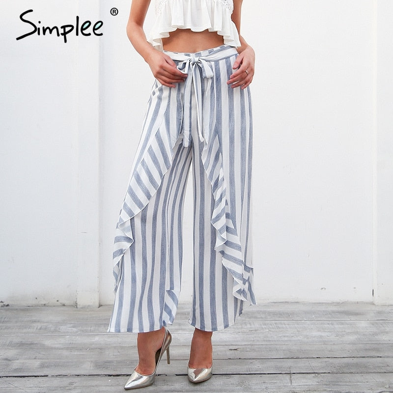 simplee stripe split wide leg pants women bottom sash ruffle high waist trousers summer beach casual pants female