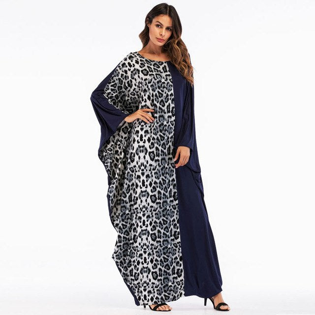 casual print leopard full dress bat sleeve maxi abaya muslim loose kimono long skirt robe gowns middle east islamic clothing blue / one size