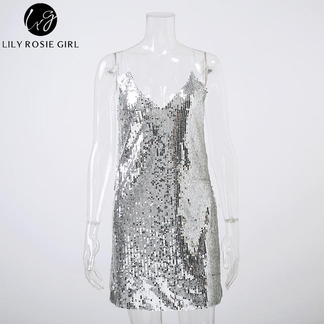 deep v neck silver sequined backless sexy dress women off shoulder mini dress short christmas party club strap dresses vestidos