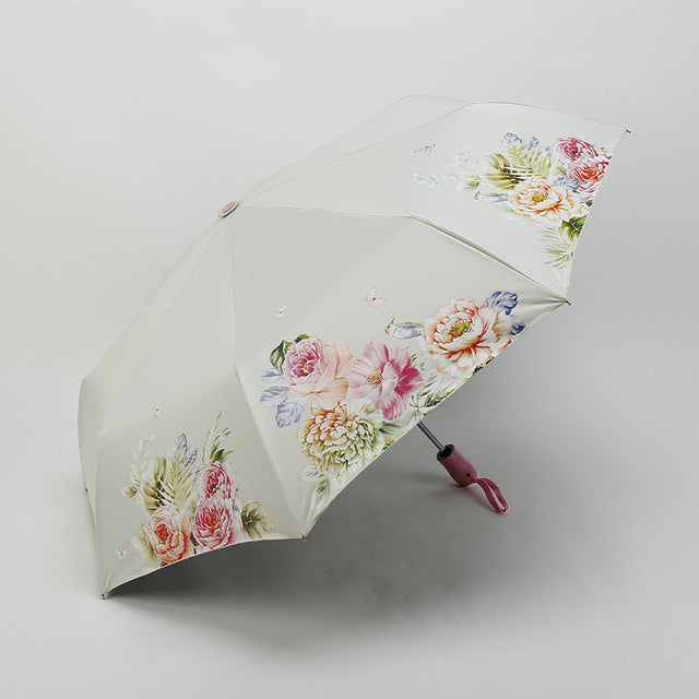 black coating sunscreen sunny umbrella rain woman three folding umbrella female  automatic princess flower umbrella smsy-1 beige