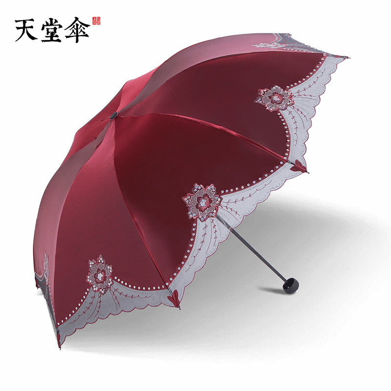 against uv sunscreen to cover sun, rain, umbrella, black gum, folding umbrella and female embroidered umbrella
