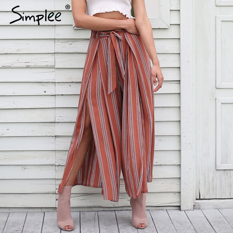 high split stripe wide leg pants women summer beach high waist trousers chic streetwear sash casual pants capris female