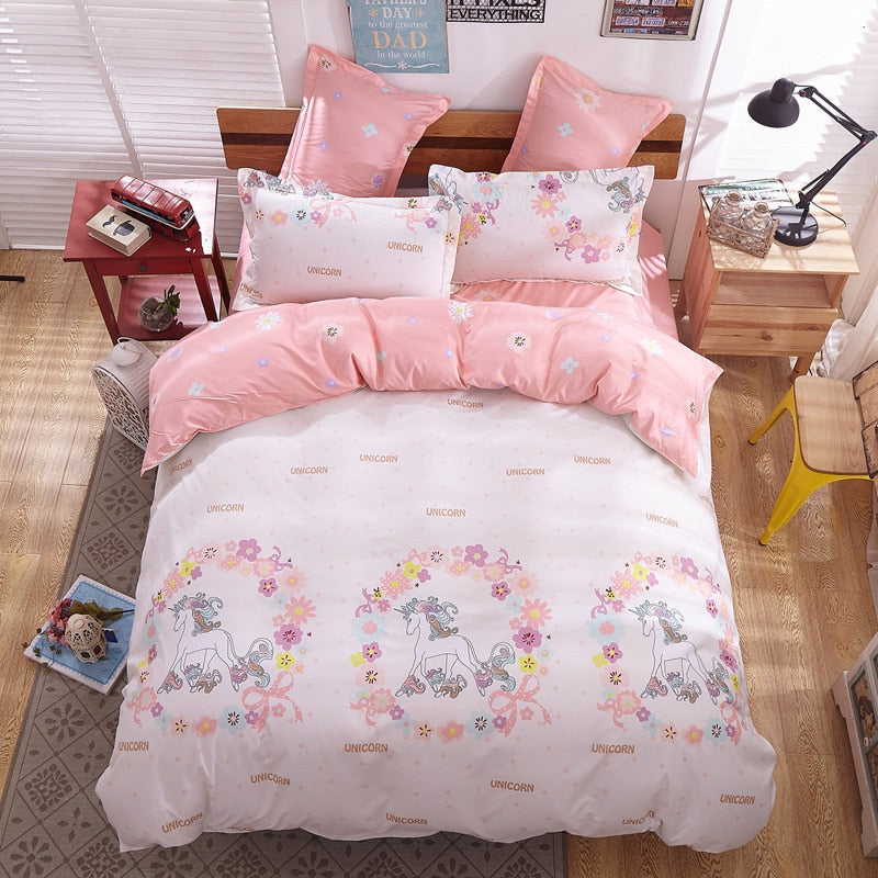 cartoon unicorn bed linens bedspread quilt cover fitted flat bed sheet pillow cover