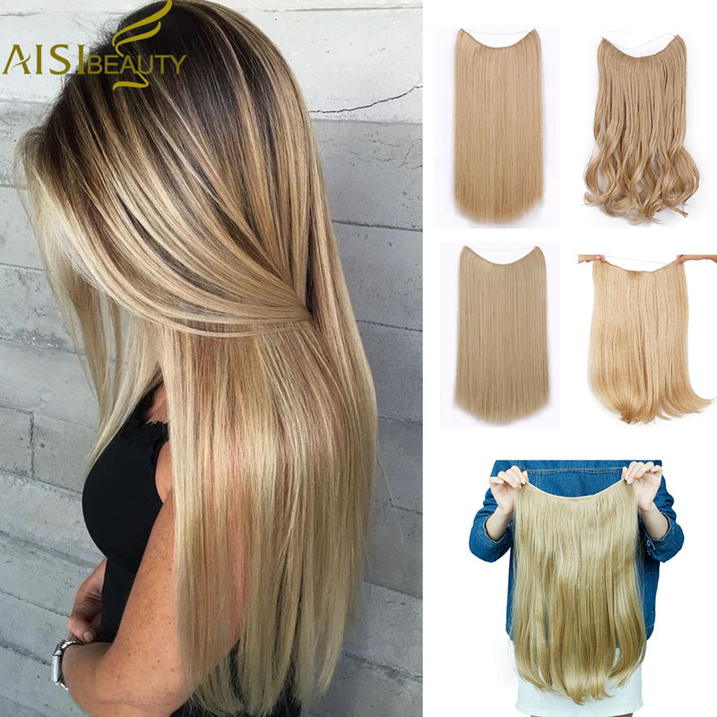 long synthetic hair heat resistant hairpiece fish line straight hair extensions secret invisible hairpieces