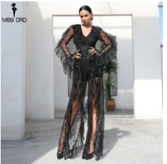 winter sexy  deep v ruffles long sleeve female elegant ovaralls high split see through jumpsuit