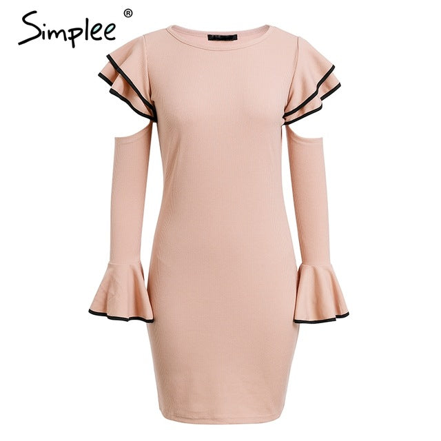 cold shoulder ruffles knitted dress women elegant flare long sleeve winter dress autumn bodycon sexy dress high street