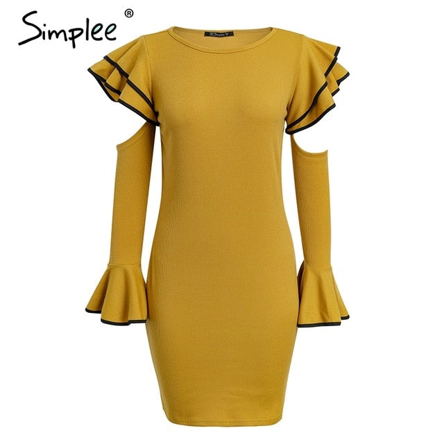 cold shoulder ruffles knitted dress women elegant flare long sleeve winter dress autumn bodycon sexy dress high street
