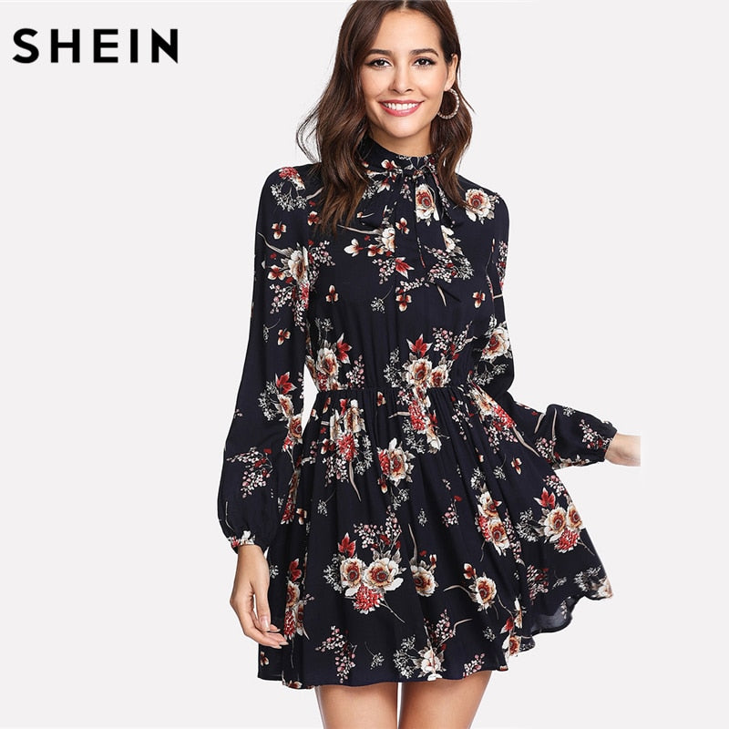 Autumn Floral Women Dresses Multicolor Elegant Long Sleeve High Waist A Line Chic Dress Ladies Tie Neck Dress Autumn Floral Women Dresses Multicolor Elegant Long Sleeve High Waist A Line Chic Dress Ladies Tie Neck Dress