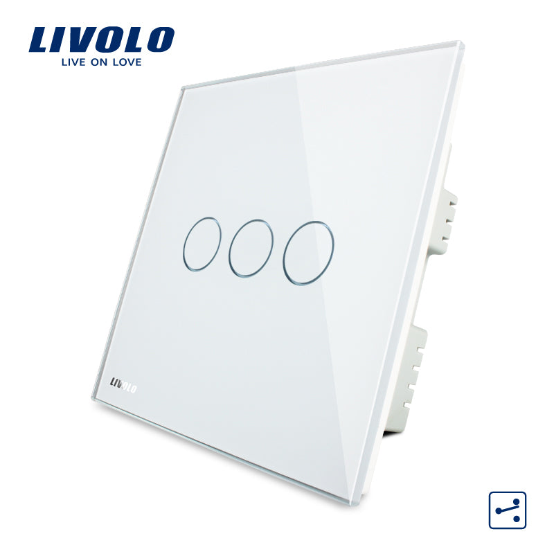 livolo wall switch, crystal glass panel, ac 220-250v vl-c303s-white/black/gold,3 gangs 2way, home touch screen light uk switch white