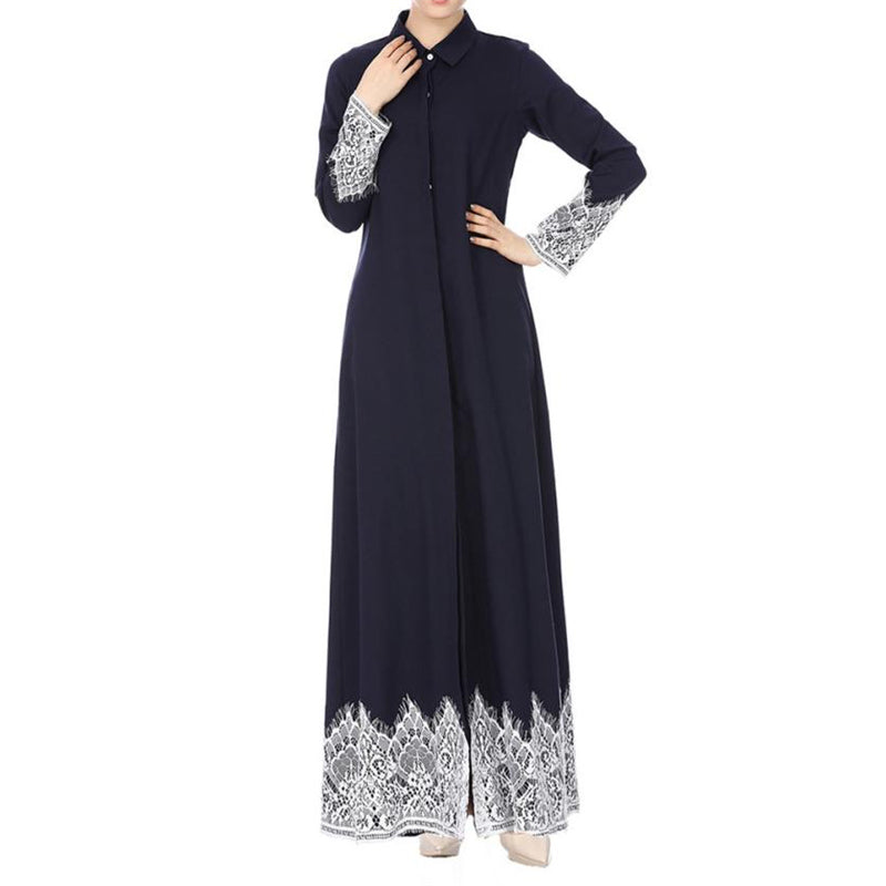 muslim women lace trimmed front abaya muslim maxi kaftan kimono