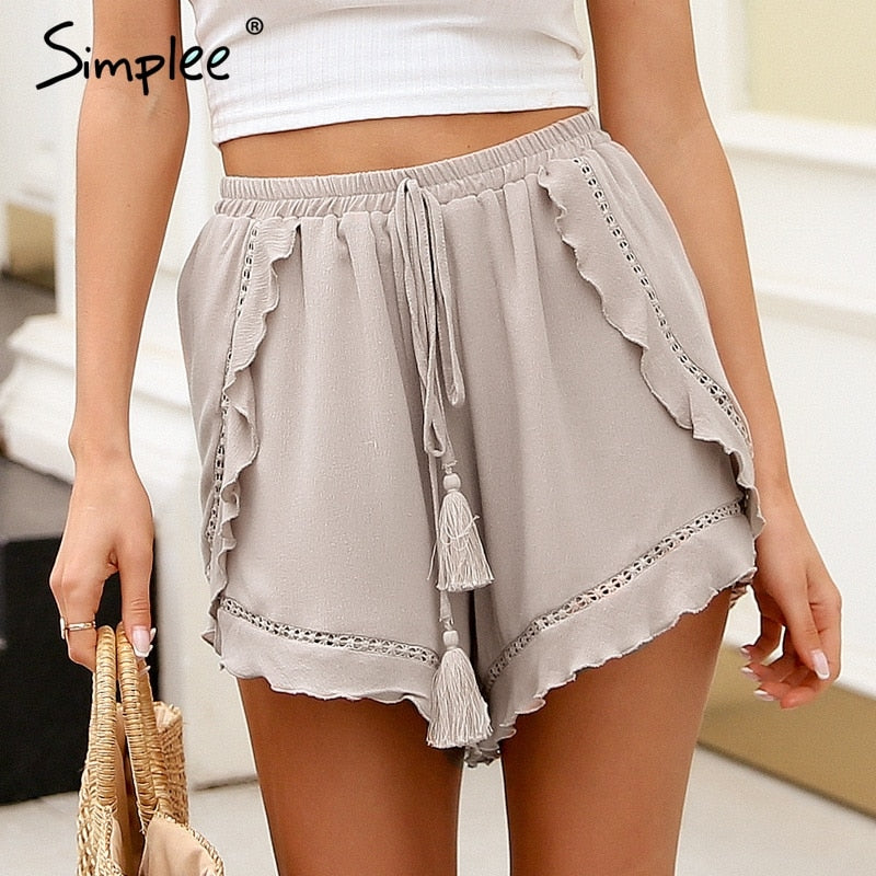 ruffle tassel mini shorts women floral print beach summer shorts female streetwear elastic hight waist shorts