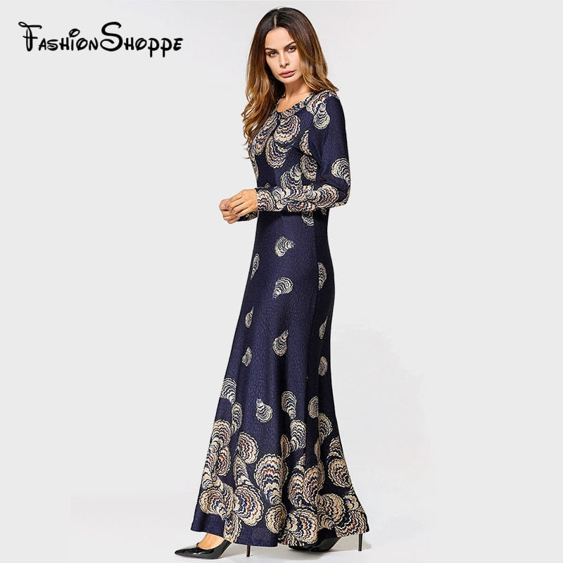 womens kaftan printed long dress autumn winter ladies elegant vintage round neck long sleeve maxi a line dress