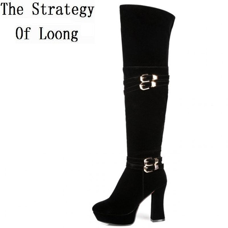 women autumn winter thick high heel buckle round toe side zipper over the knee boots