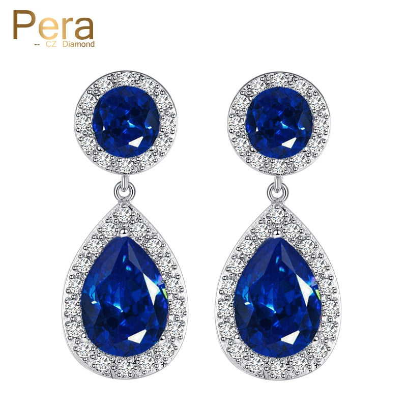 elegant big water drop design white gold color round royal blue cubic zirconia stone fashion women earrings jewelry