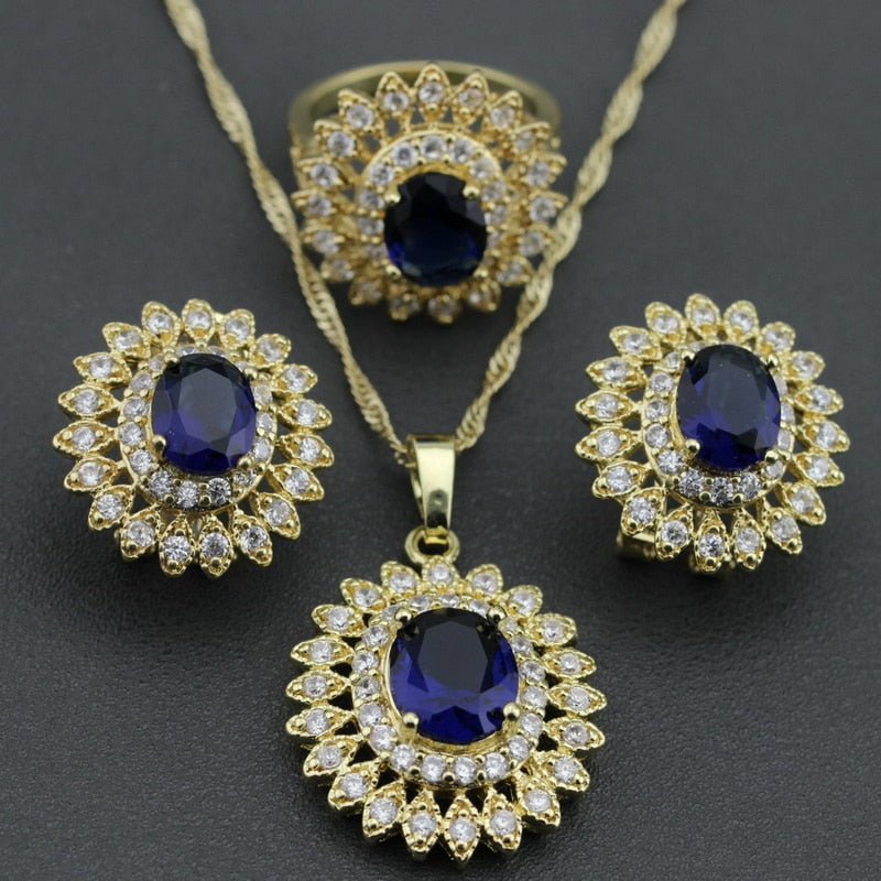 cubic zirconia white crystal gp flower jewelry set for women necklace chain pendant earring ring