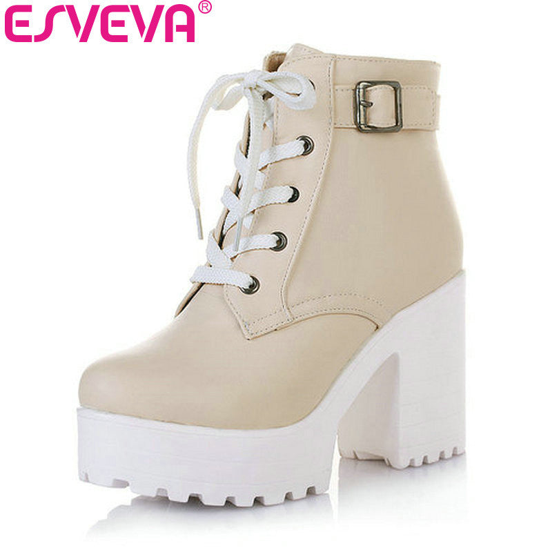 esveva 3 color winter lace-up sexy women boots fashion platform punk high square heels black buckle ankle boots plus size 34-43