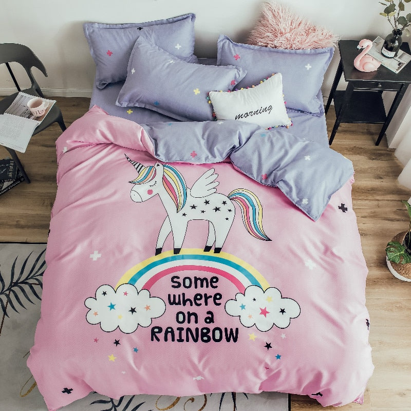 cotton cartoon rainbow unicorn bedding set for kids