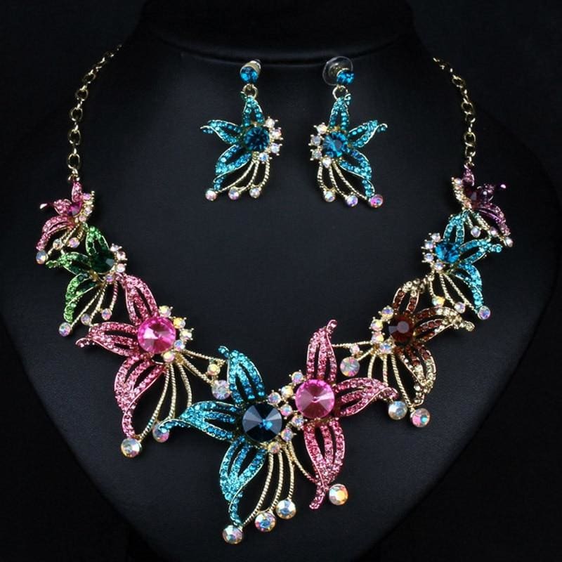 rhinestone crystal necklace with earring jewelry sets