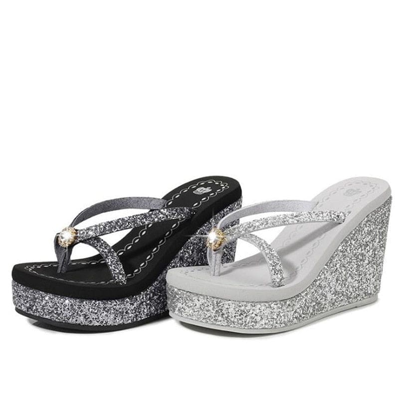 rhinestones sequins slope with flip flops breathable shiny wedges women sandals