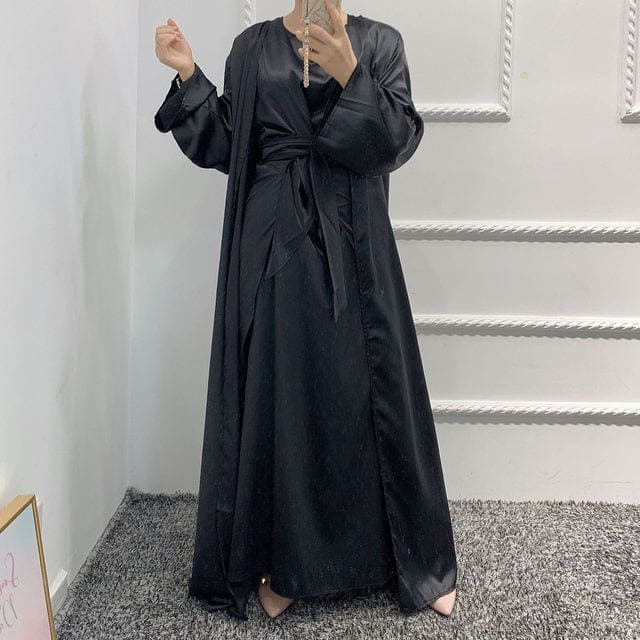 Satin Dubai Kaftan Abaya Arabic Muslim Women Dress Black 3pcs Set / S HIJAB & BURKA