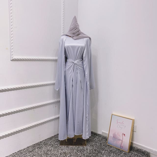Satin Dubai Kaftan Abaya Arabic Muslim Women Dress Gray with Hijab / XXL HIJAB & BURKA