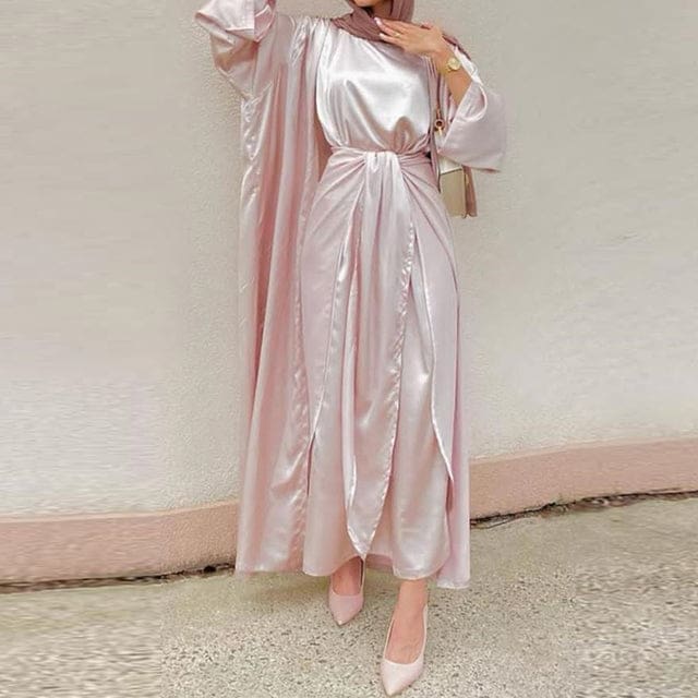 Satin Dubai Kaftan Abaya Arabic Muslim Women Dress Pink 3pcs Set / XXL HIJAB & BURKA