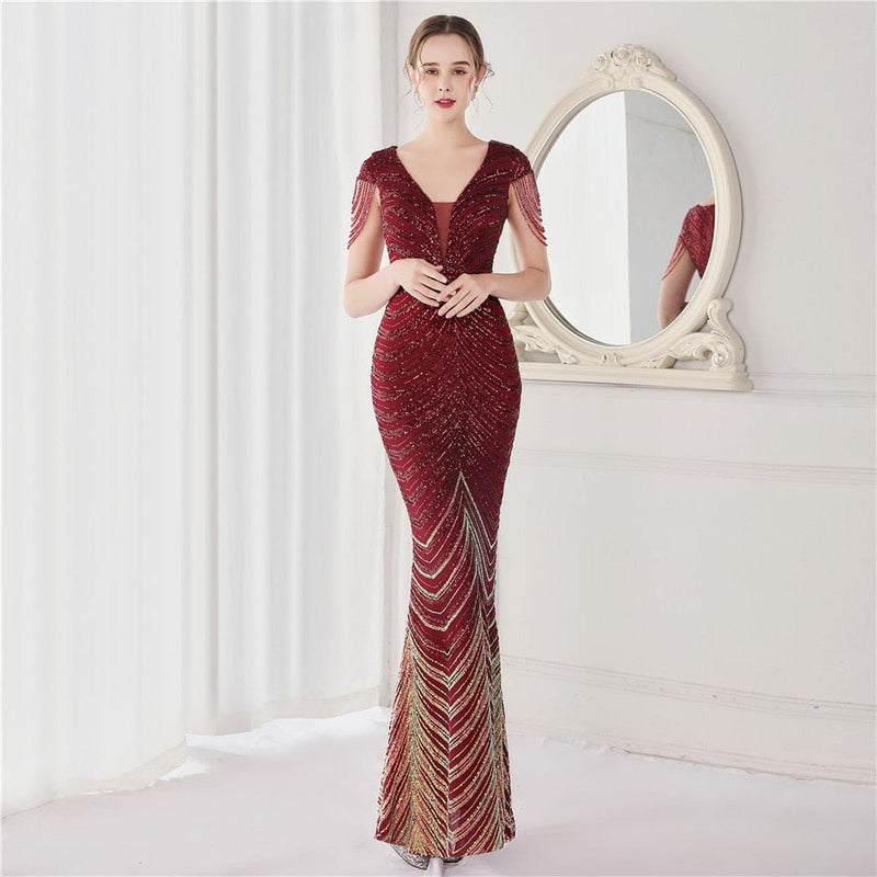 Sequin Beading V Neck Women Evening Dress Dark Red / 10 Dresses